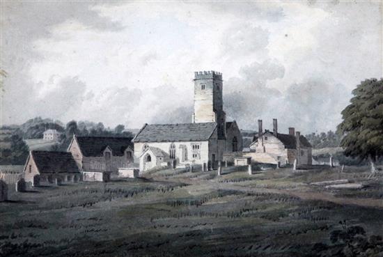 Attributed to Hubert Cornish (1757-1823) St Michaels Church, Otterton, Devon, from the entrance into the church yard, 7 x 10in.